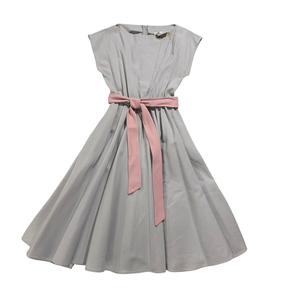 Vintage 1950s 1960s Vincenti Gray Fit & Flare Dress Pink Sash Belt M